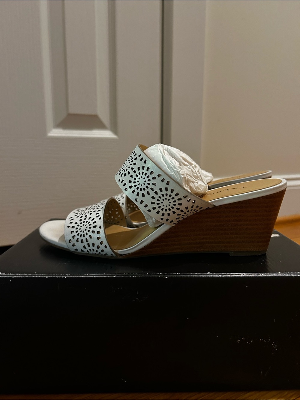 Talbots White Laser-Cut Double Strap Wedge Sandal